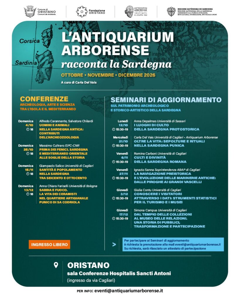 Locandina de “L’Antiquarium Arborense racconta la Sardegna”, conferenze e seminari a Oristano, ottobre-dicembre 2026