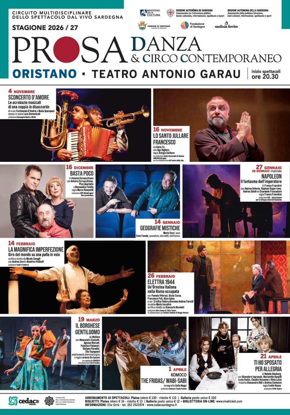 Il cartellone della stagione Prosa, Danza & Circo contemporaneo 2026-2027 al Teatro Antonio Garau di Oristano