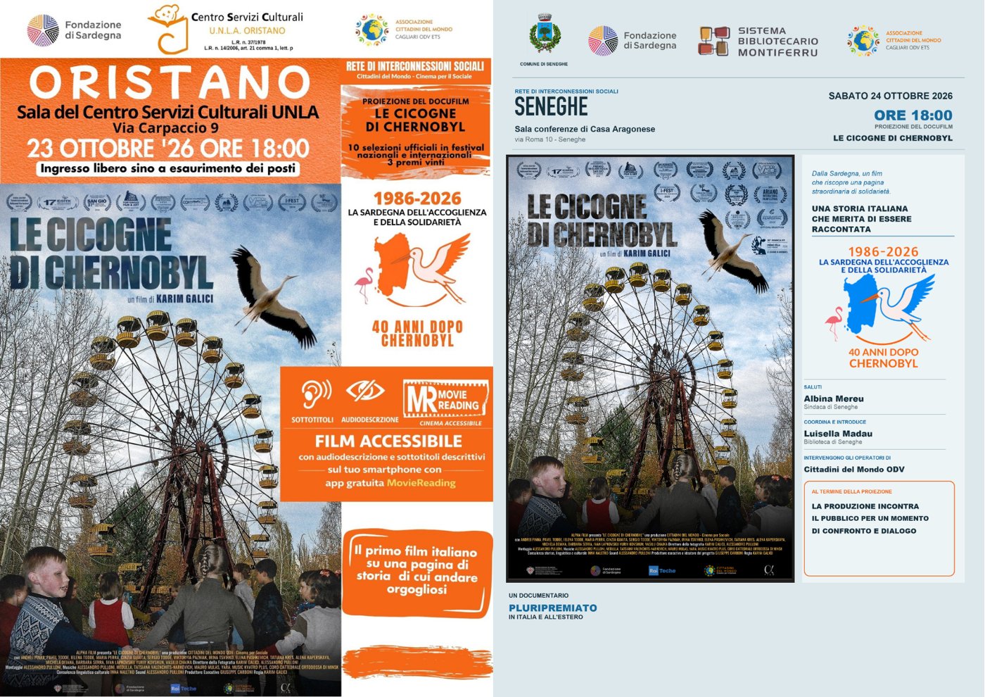 Locandine delle proiezioni de Le cicogne di Chernobyl a Oristano il 23 ottobre e a Seneghe il 24 ottobre 2026 alle 18