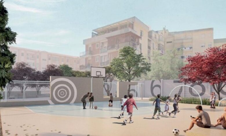 Rendering del progetto di riqualificazione dei campetti di via Cornalias a Is Mirrionis