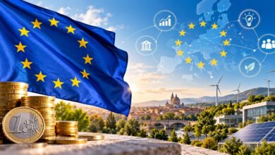 Illustrazione con bandiera dell'Unione europea, monete da un euro, pale eoliche e pannelli solari