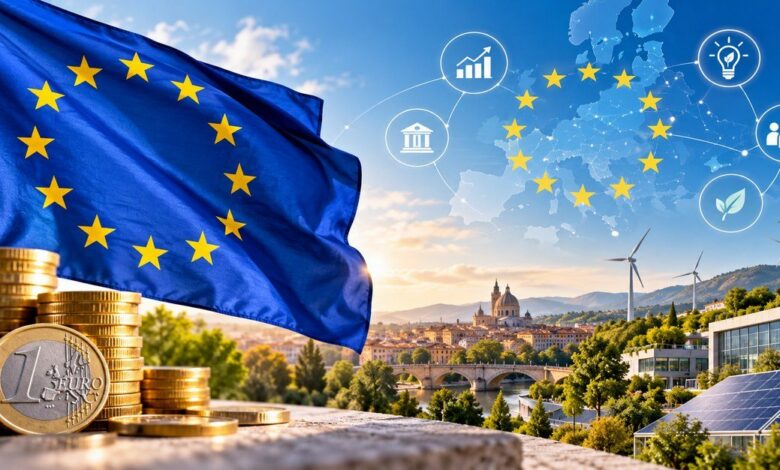 Illustrazione con bandiera dell'Unione europea, monete da un euro, pale eoliche e pannelli solari
