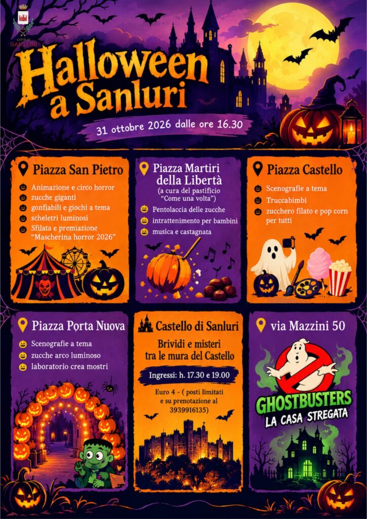 Locandina di Halloween a Sanluri, 31 ottobre 2026, con il programma nelle piazze
