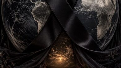 Immagine della locandina della mostra In Dolu: un globo terrestre avvolto da un nastro nero, una candela e un orologio da tasca