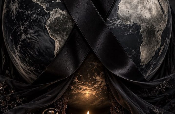Immagine della locandina della mostra In Dolu: un globo terrestre avvolto da un nastro nero, una candela e un orologio da tasca