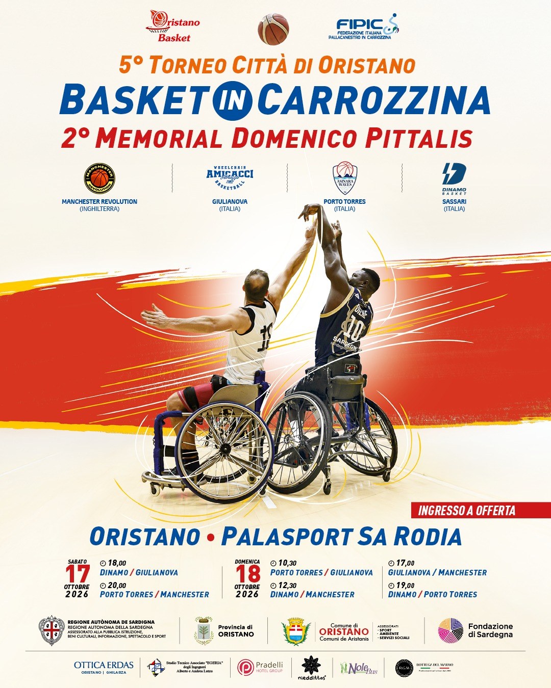 Locandina del 5° Torneo Città di Oristano di basket in carrozzina, 2° Memorial Domenico Pittalis, 17 e 18 ottobre 2026 al Palasport Sa Rodia