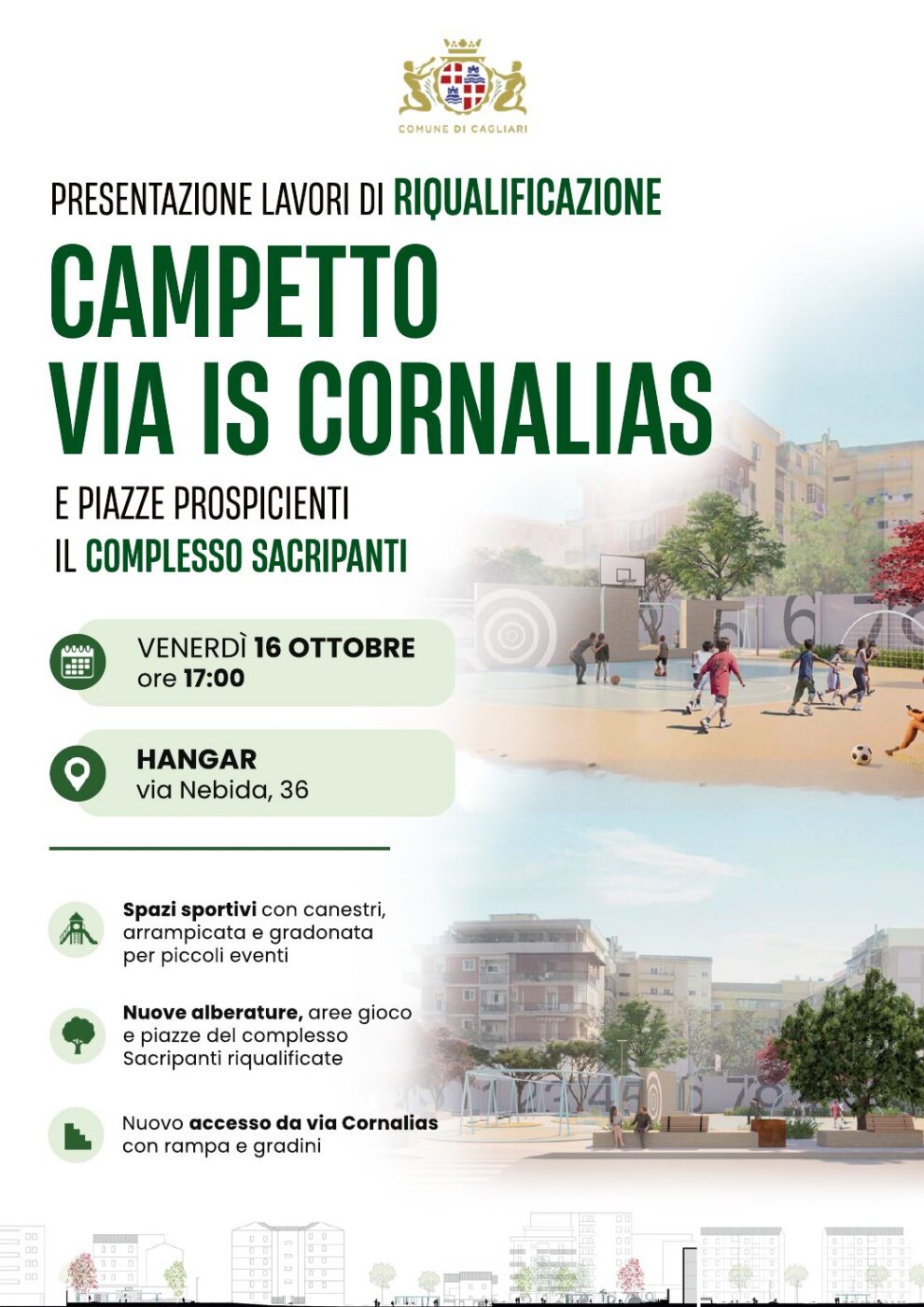 Locandina dell'incontro pubblico sul progetto di riqualificazione del campetto di via Is Cornalias