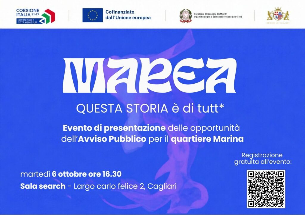 Locandina del progetto Marea: presentazione dell'avviso pubblico per il quartiere Marina, martedì 6 ottobre ore 16.30, Sala Search, Cagliari