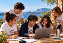 Giovani al computer all’aperto con vista sul mare: immagine illustrativa sul servizio civile
