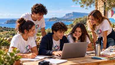 Giovani al computer all’aperto con vista sul mare: immagine illustrativa sul servizio civile