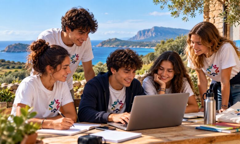Giovani al computer all’aperto con vista sul mare: immagine illustrativa sul servizio civile