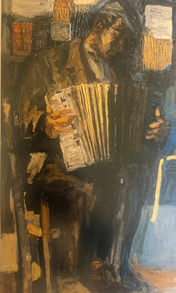 Suonatore di organetto, olio su tela di Carlo Contini del 1967