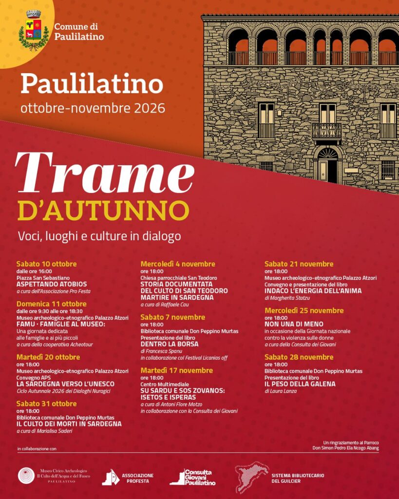 Locandina di “Trame d’autunno”, calendario culturale di Paulilatino, ottobre-novembre 2026